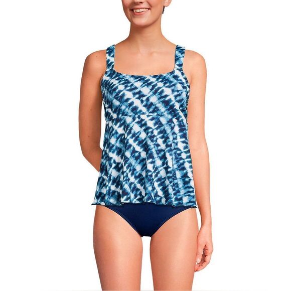 Land's End Plus Size Flutter Tankini Swim Suit Top Navy White Bias Tie Dye XL - Picture 2 of 4